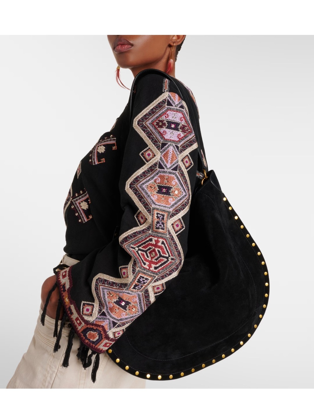 Isabel Marant Black Suede Half-Moon Shoulder Bag with Gold Studs